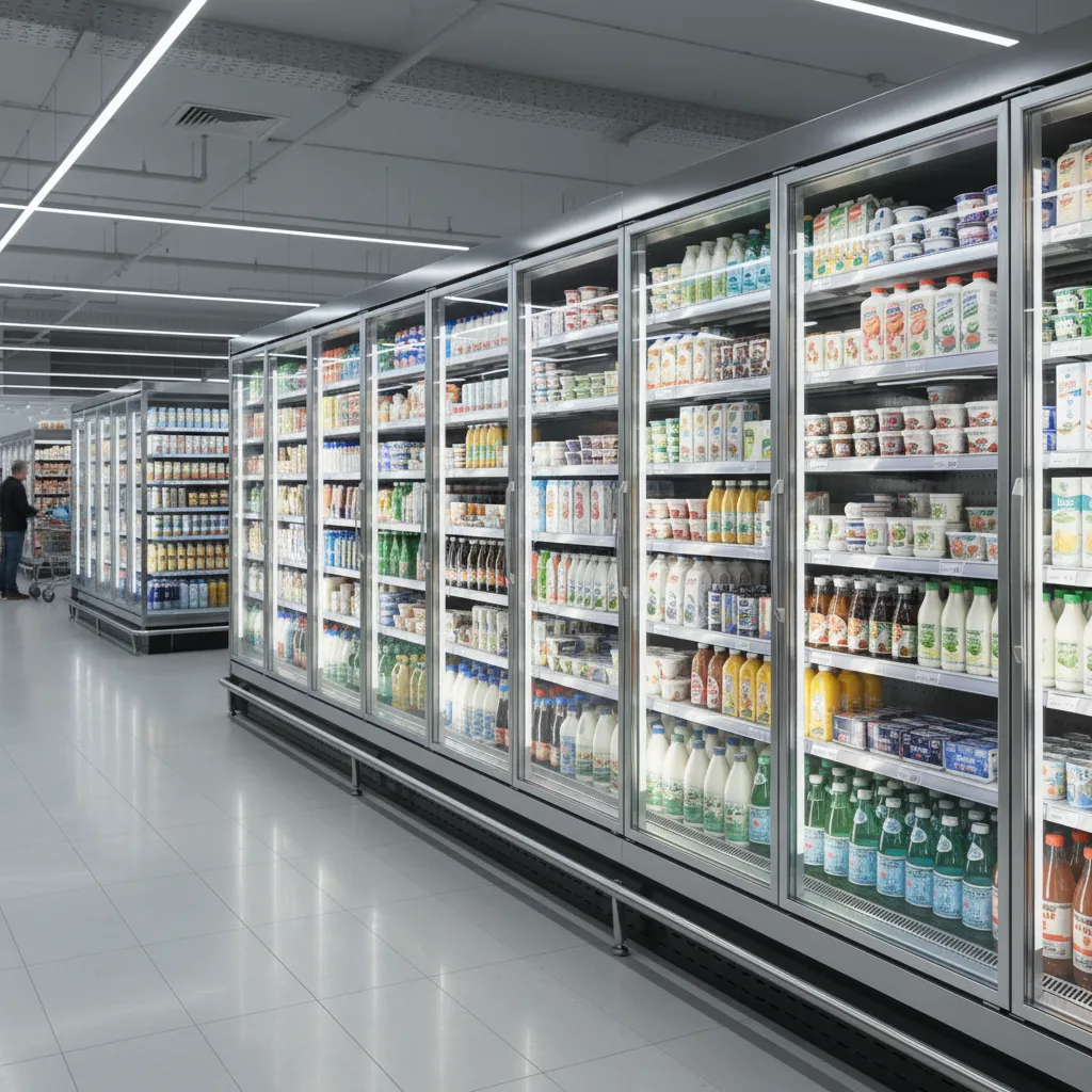 Supermarket aisle with multi deck refrigerated display cabinets filled with dairy and beverages