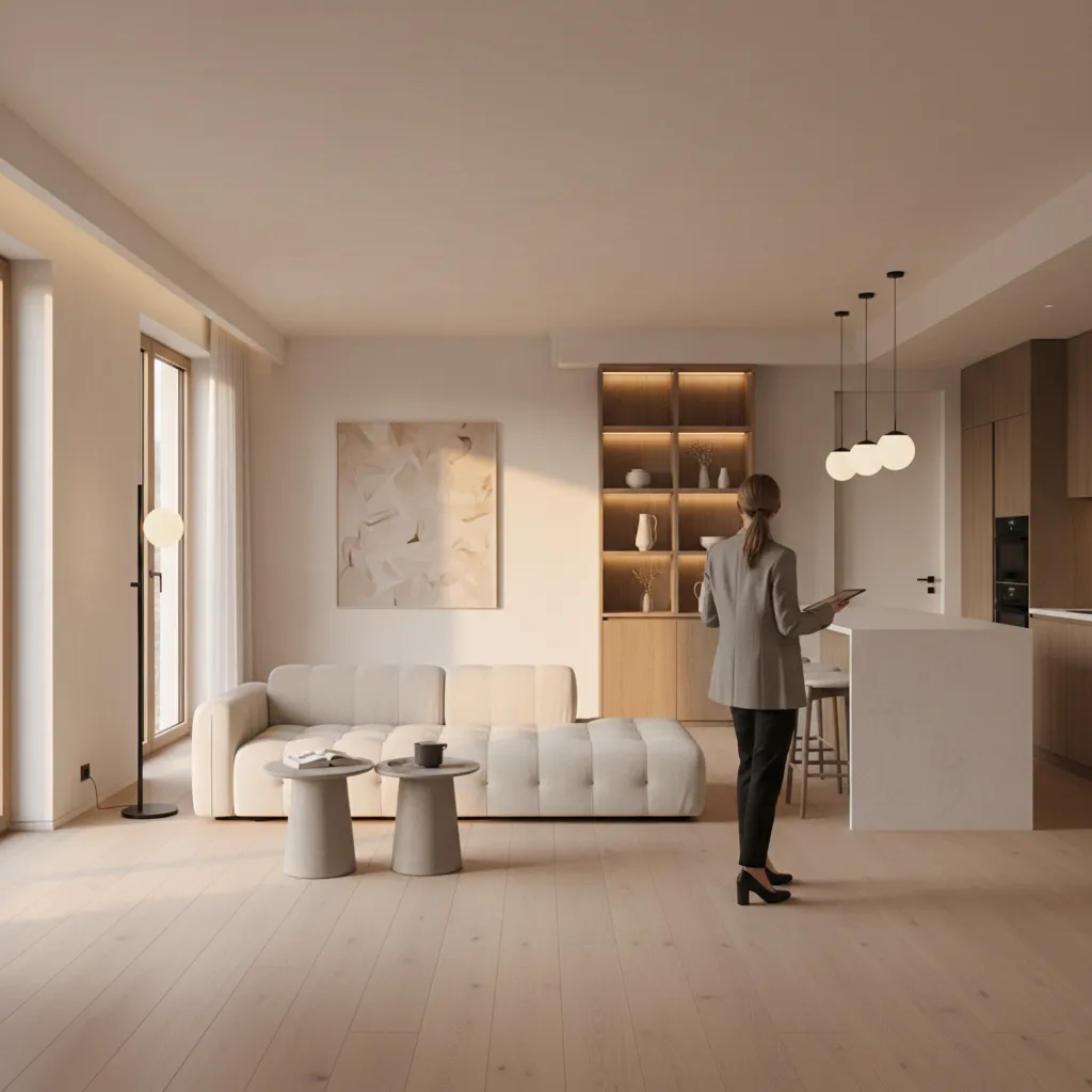 Diseñador inspeccionando un interior terminado tras una reforma