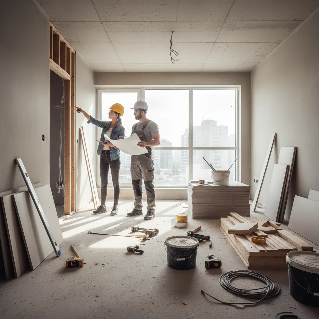 Diseñador revisando medidas en una reforma interior con trabajadores