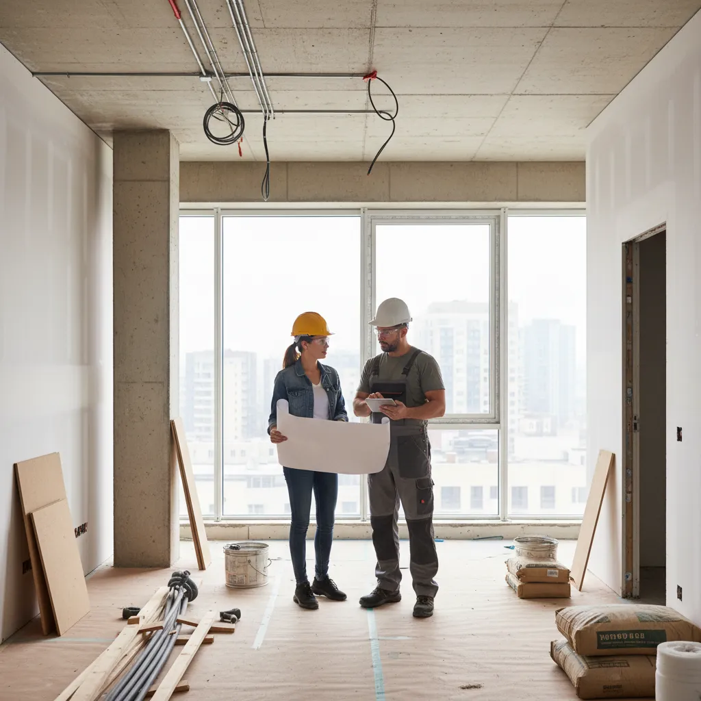 Diseñador de interiores revisando una obra residencial en progreso