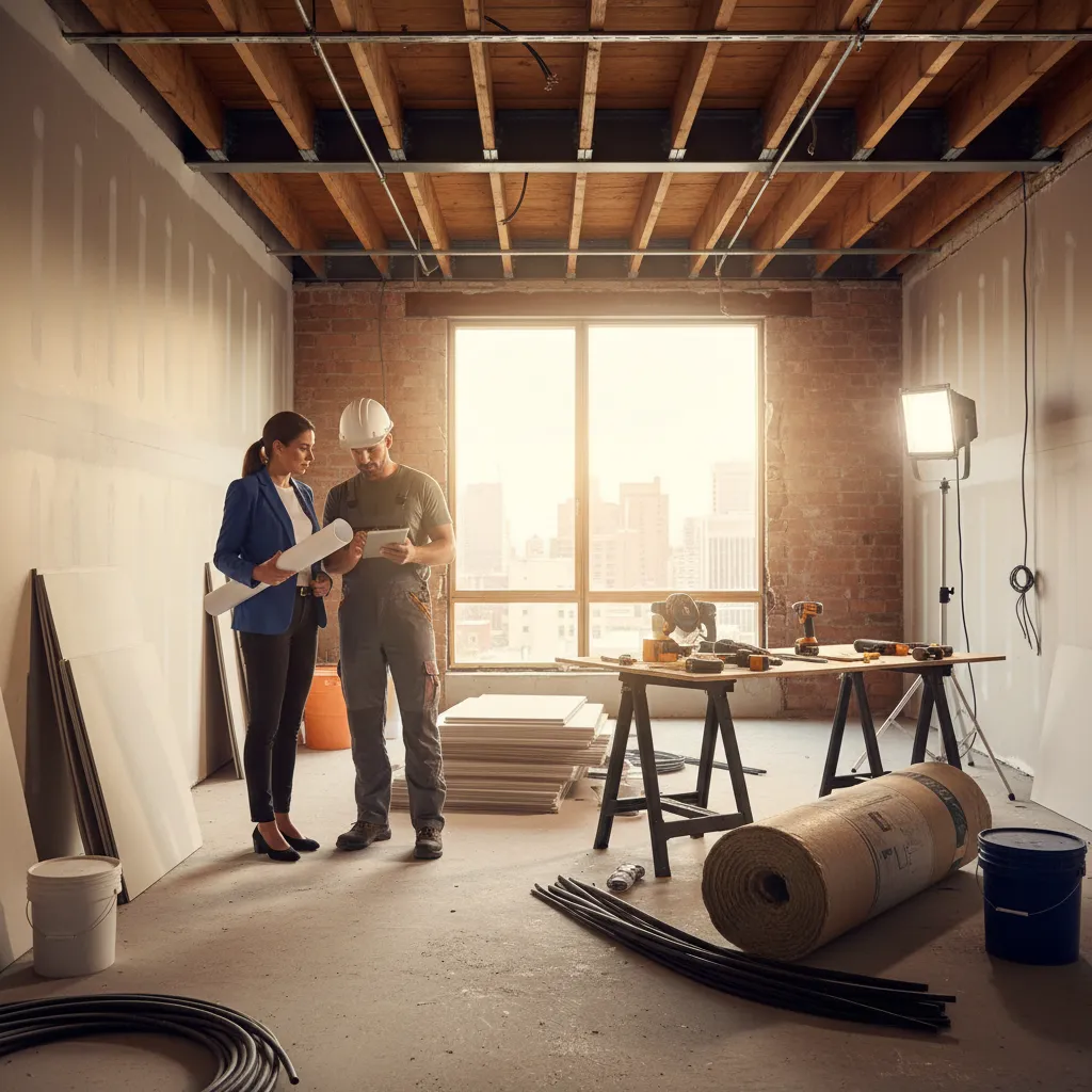 Woman and worker in construction site looking at tablet and paper floor plan for renovation