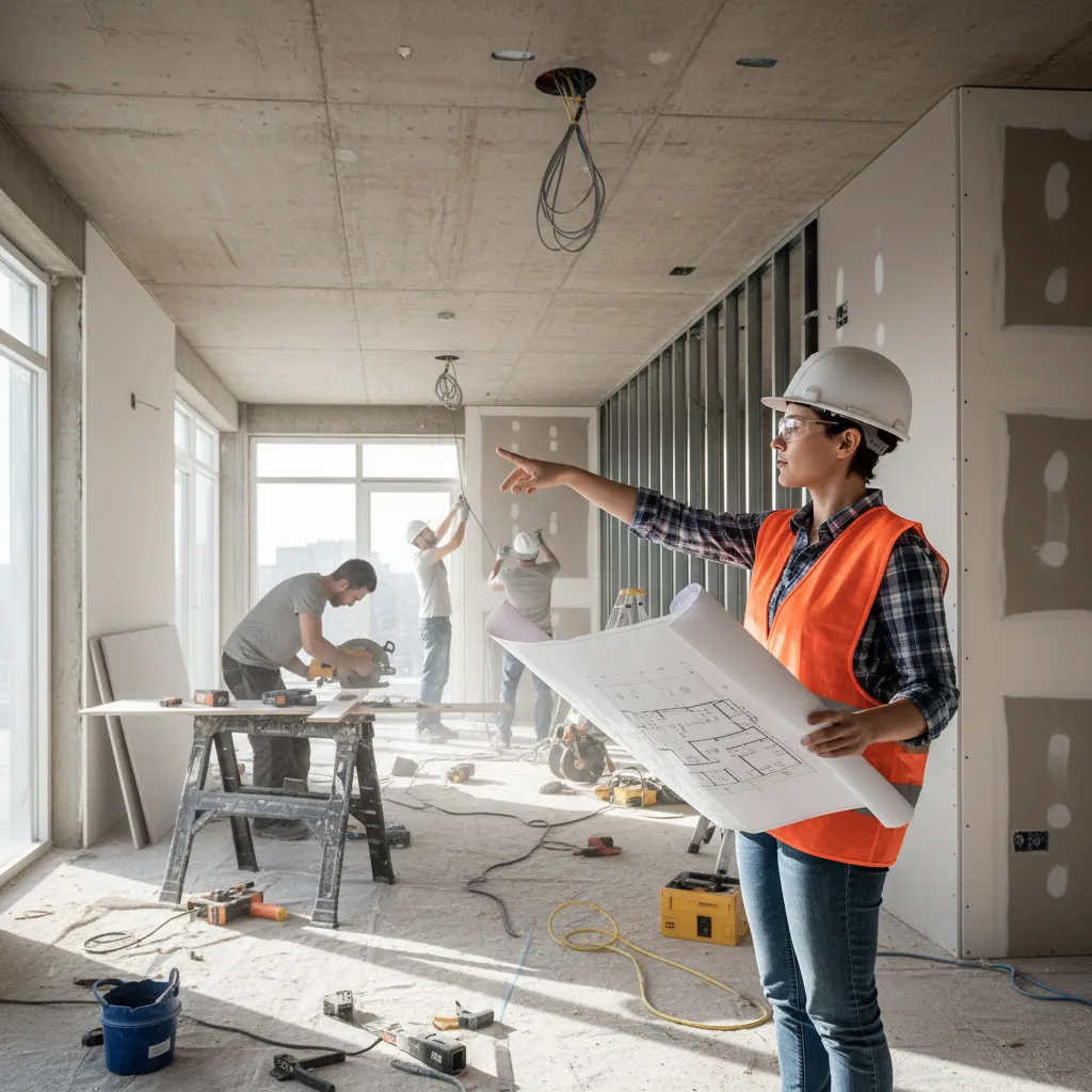Female supervisor wearing safety vest holding floor plan on interior design construction site with workers