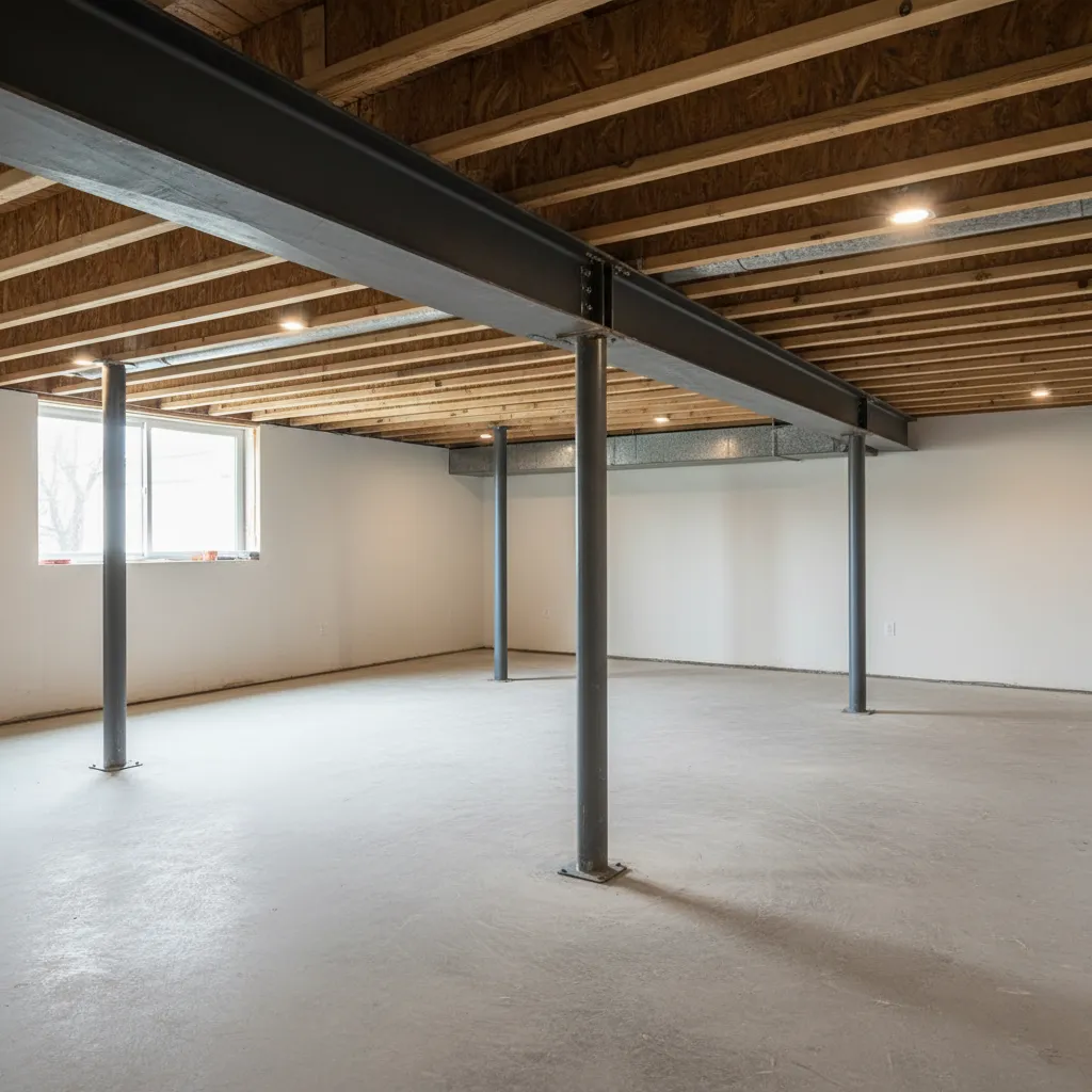 steel support beam installed under second floor joists in basement