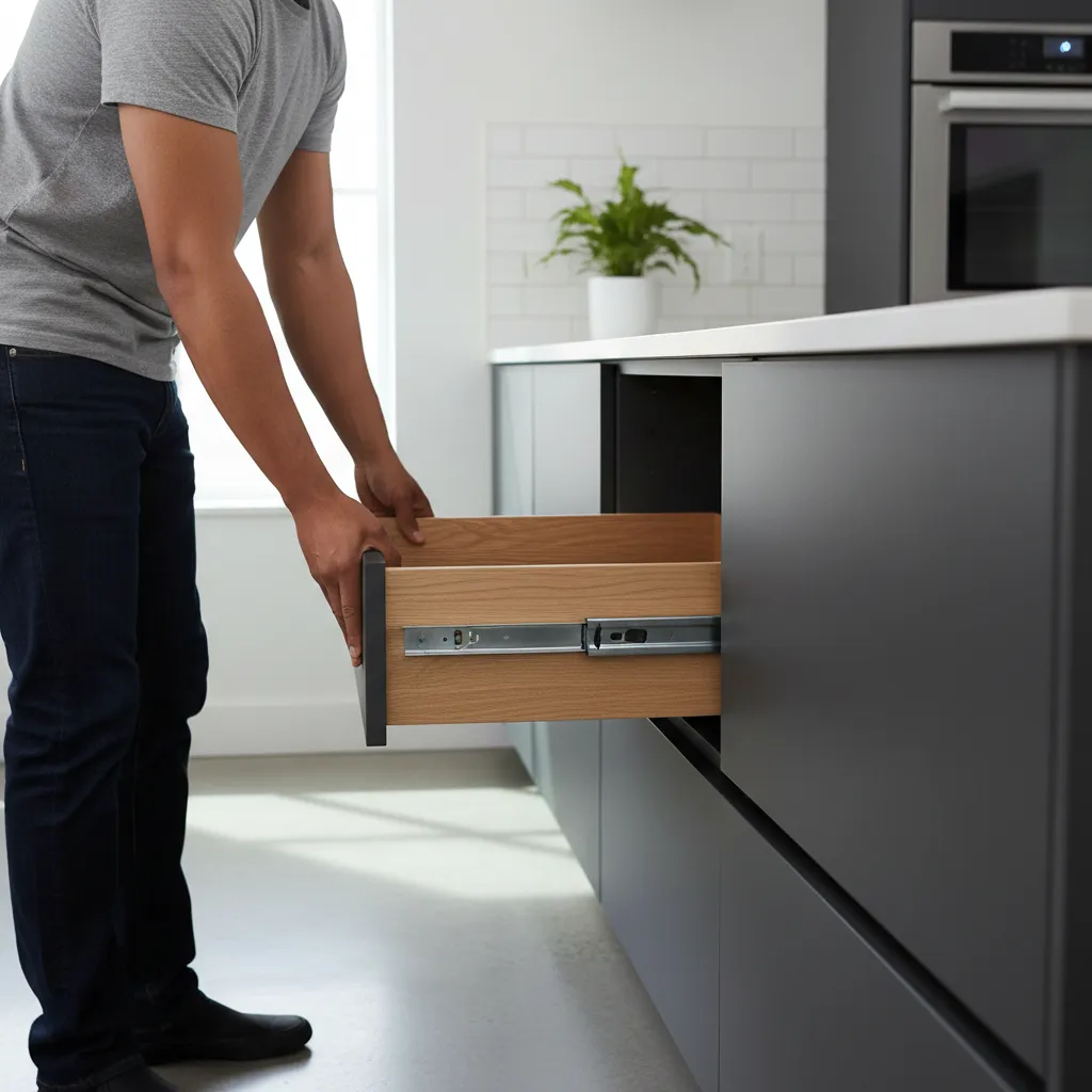 Hands supporting a kitchen drawer while removing it from cabinet