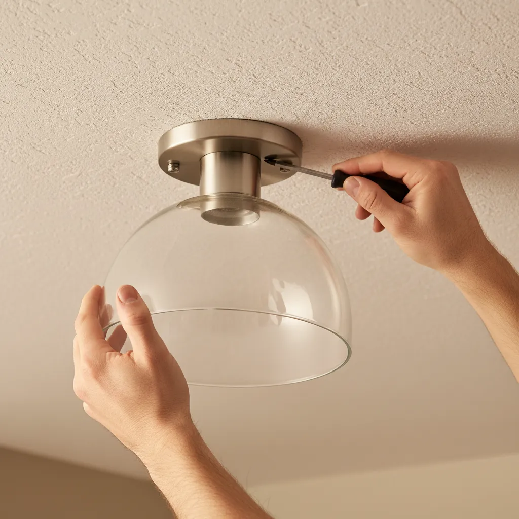 person supporting glass dome while loosening ceiling light screws