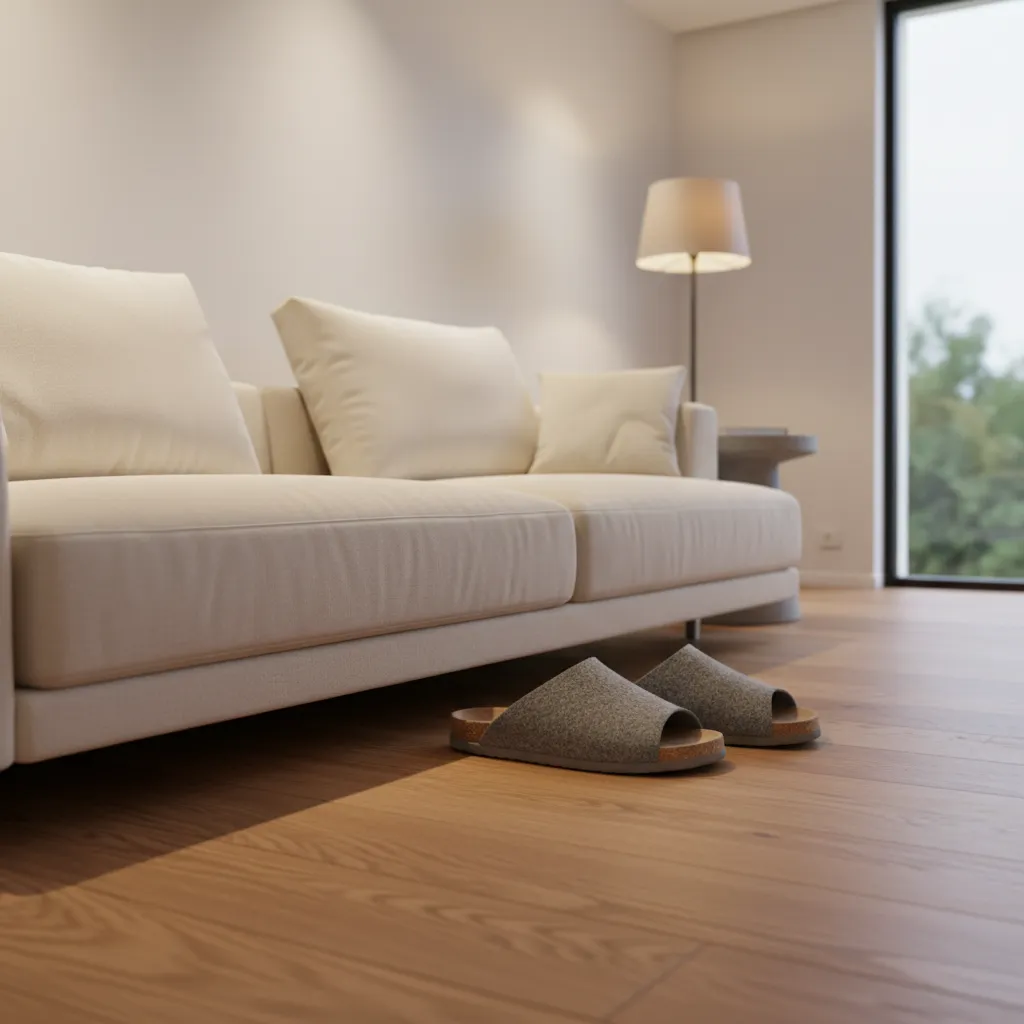 Supportive indoor slippers placed on hardwood floor near a sofa
