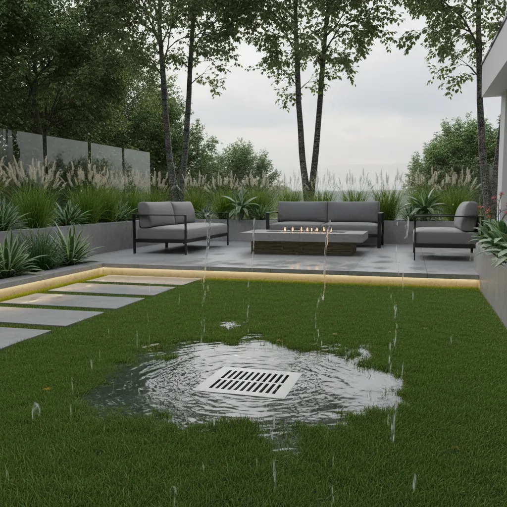 Surface drain grate collecting rainwater in a backyard lawn area