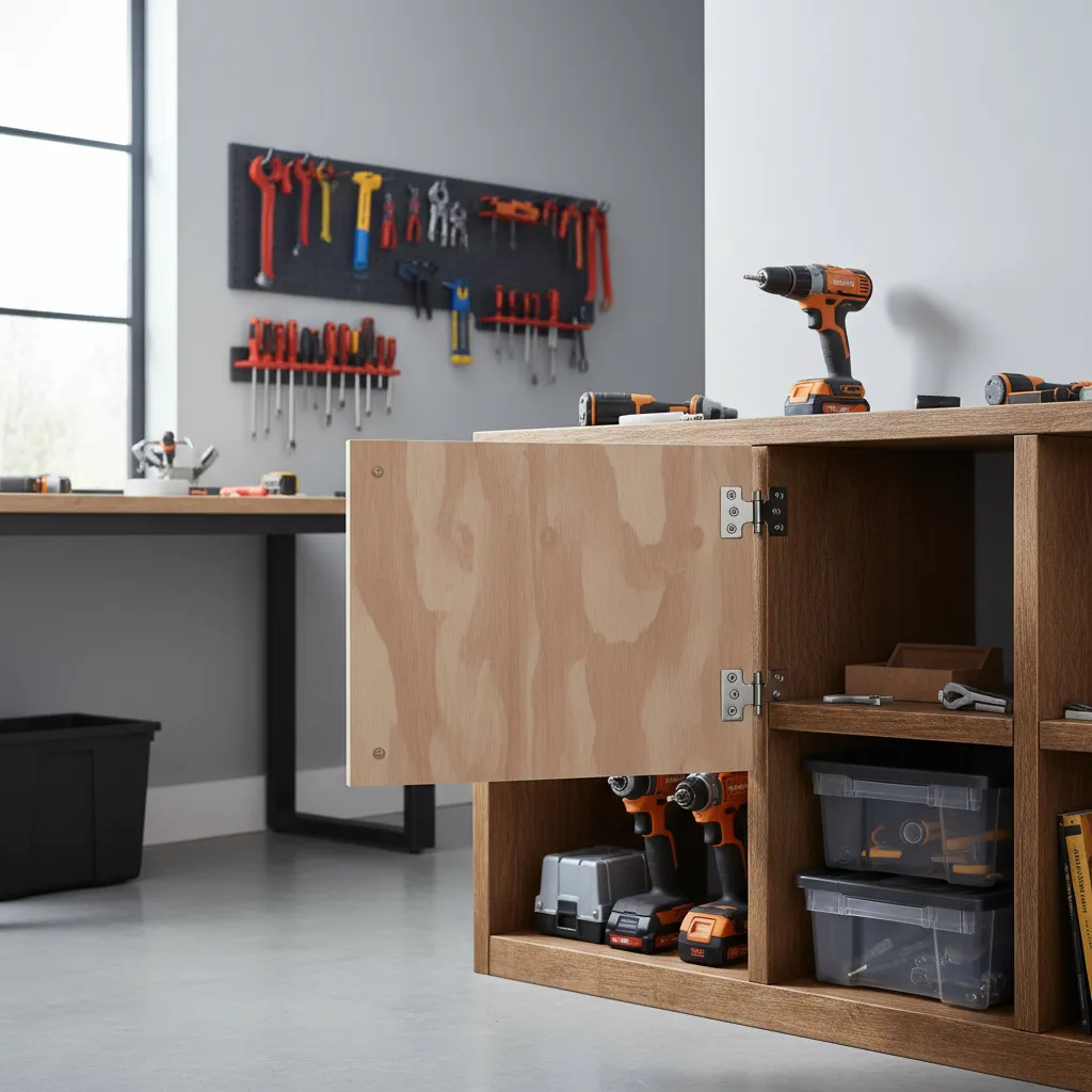 Surface mounted hinges on DIY cabinet door attached to shelf