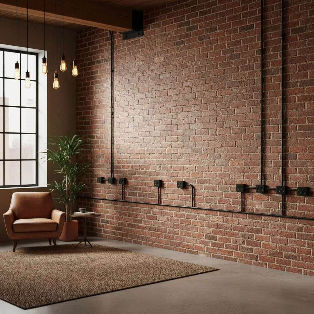 enchufes de superficie negros instalados en una pared de ladrillo visto