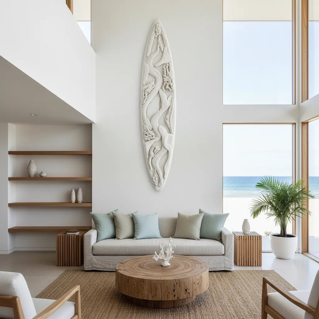 Surfboard Wall Decor in Coastal Interior Design: How interior designers use surfboards as statement wall decor in beach houses, rentals, and commercial coastal spaces
