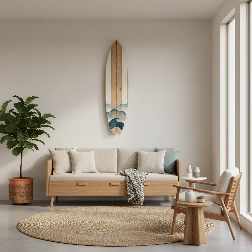 small living room with surfboard mounted vertically as wall art