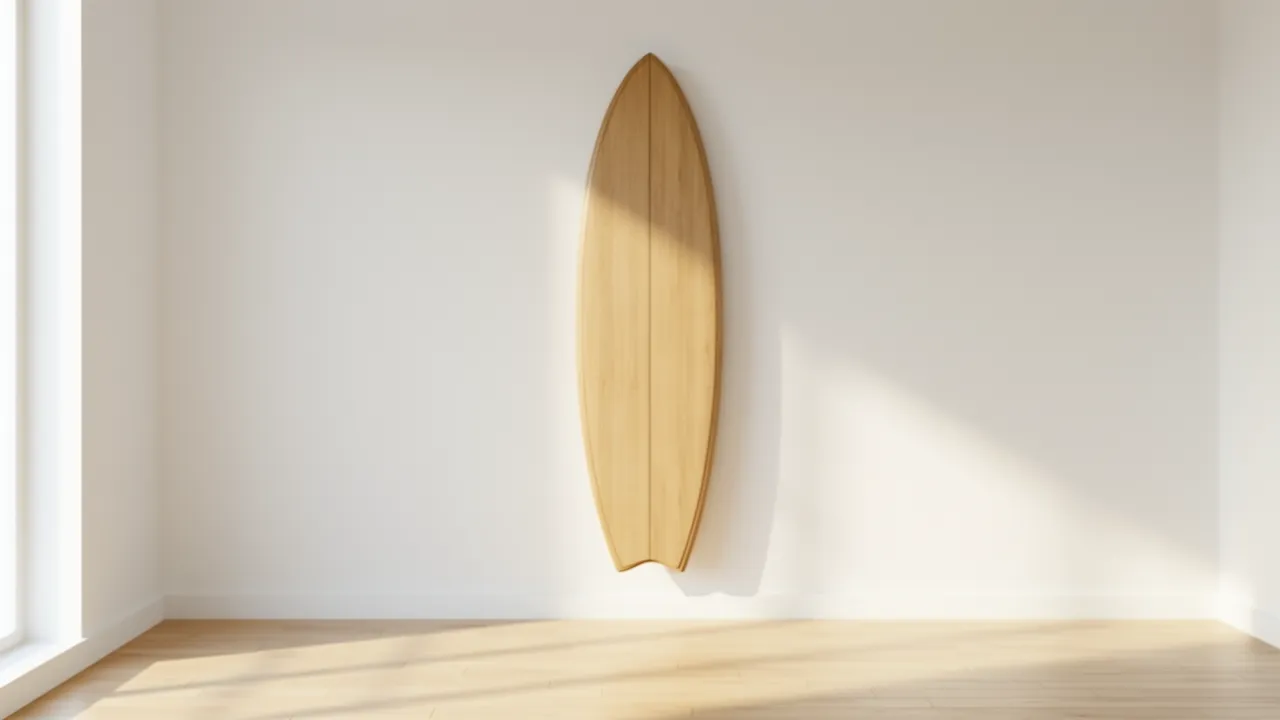 long surfboard wall art emphasizing vertical height in a room