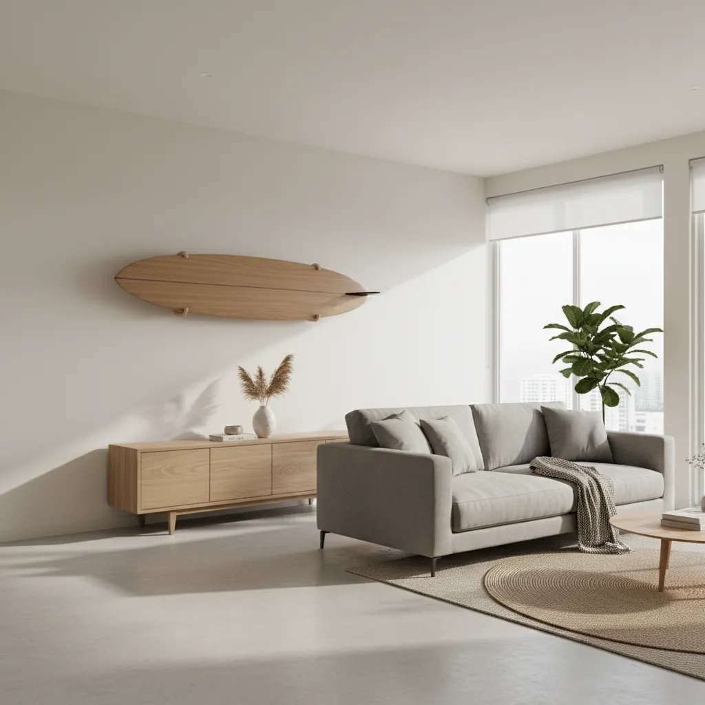 surfboard mounted on minimalist wall rack display