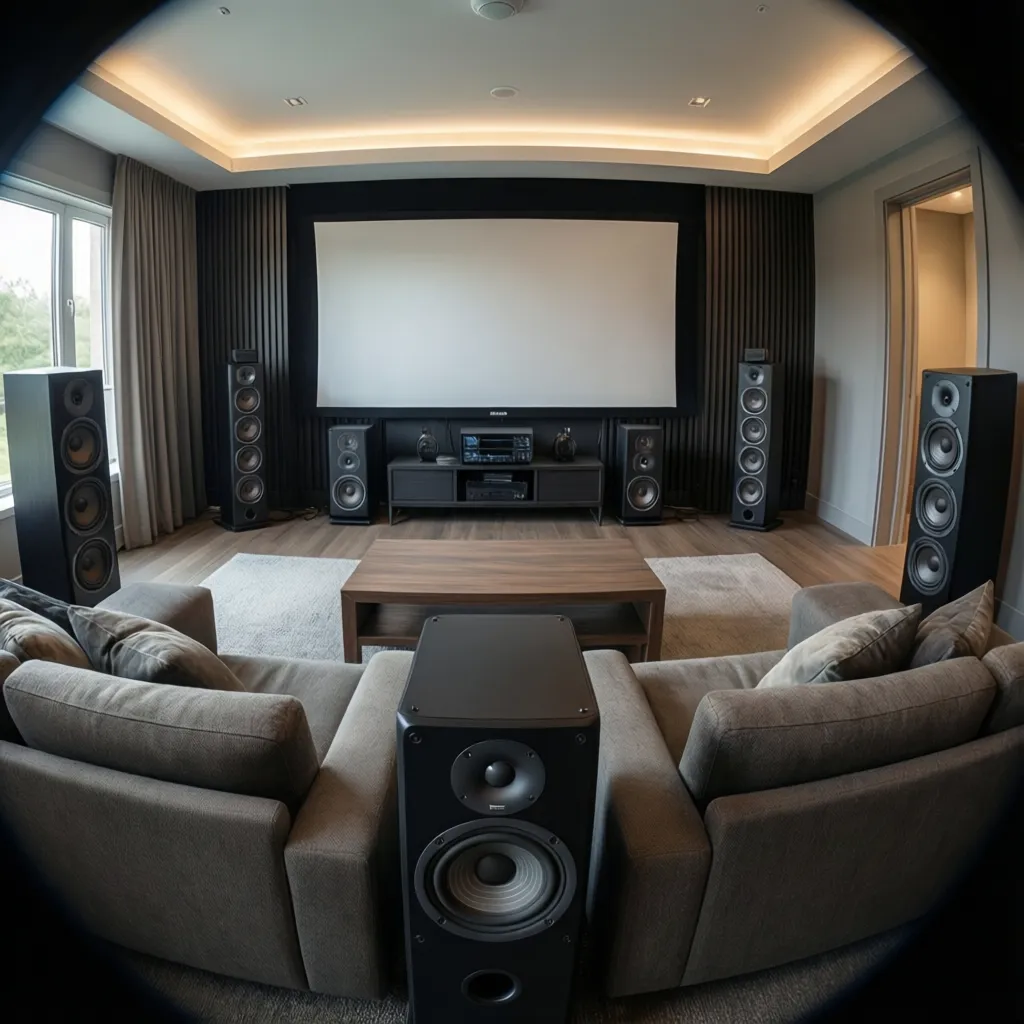 Home theater room featuring multiple black speakers, white screen, grey sofas, and wooden floor layout