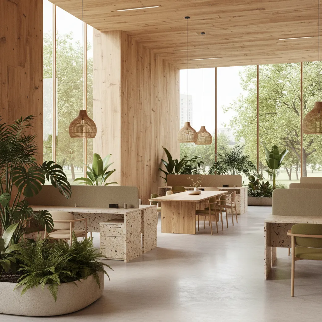 Sustainable bank interior with natural wood finishes daylight and plants