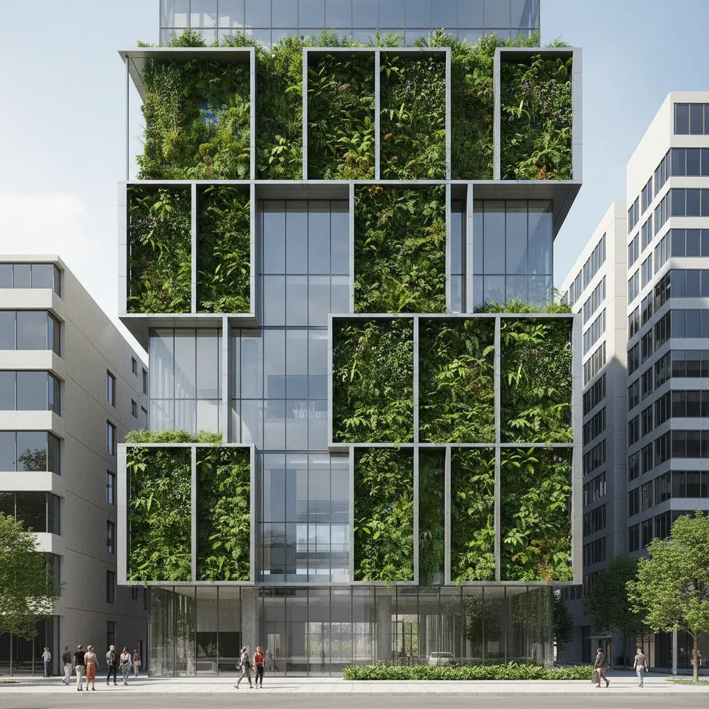 Modern building facade with green walls and sustainable materials