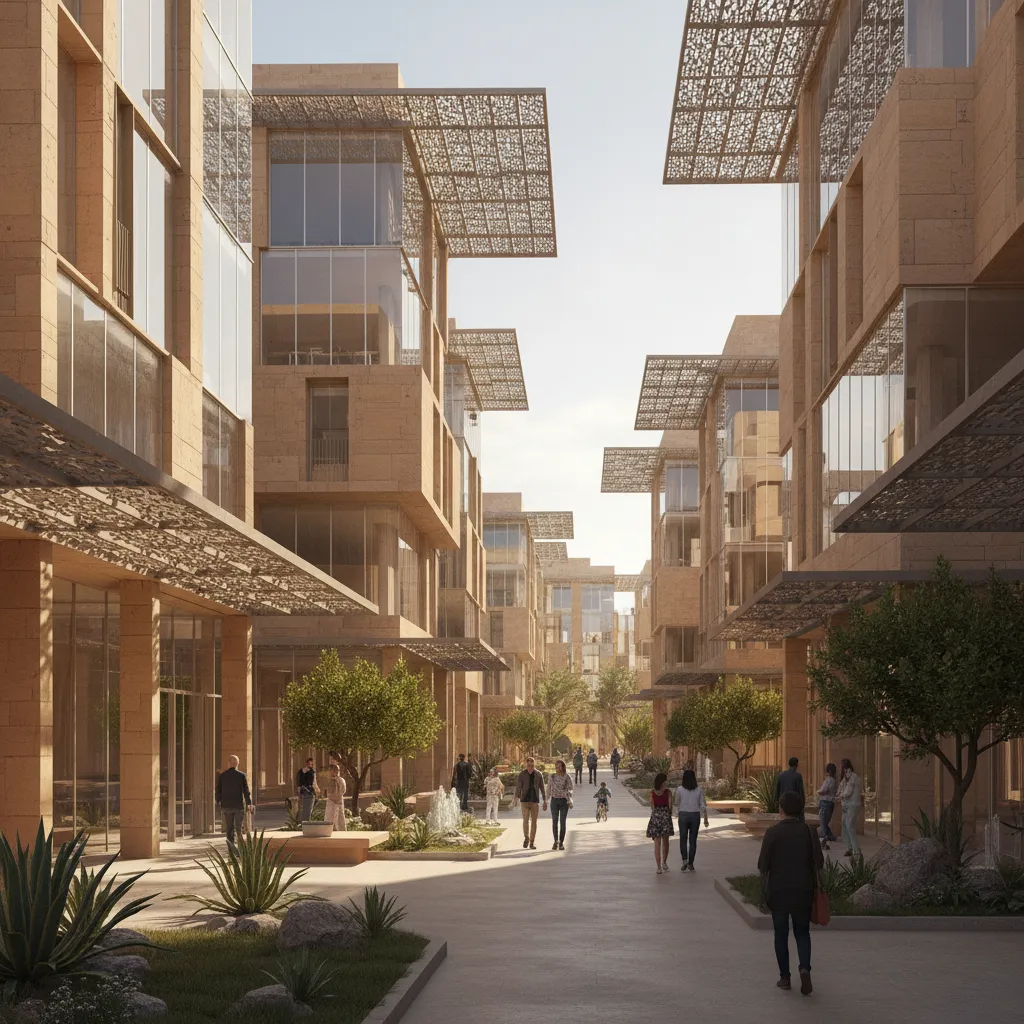 Sustainable desert architecture with shaded streets and modern buildings in Saudi development