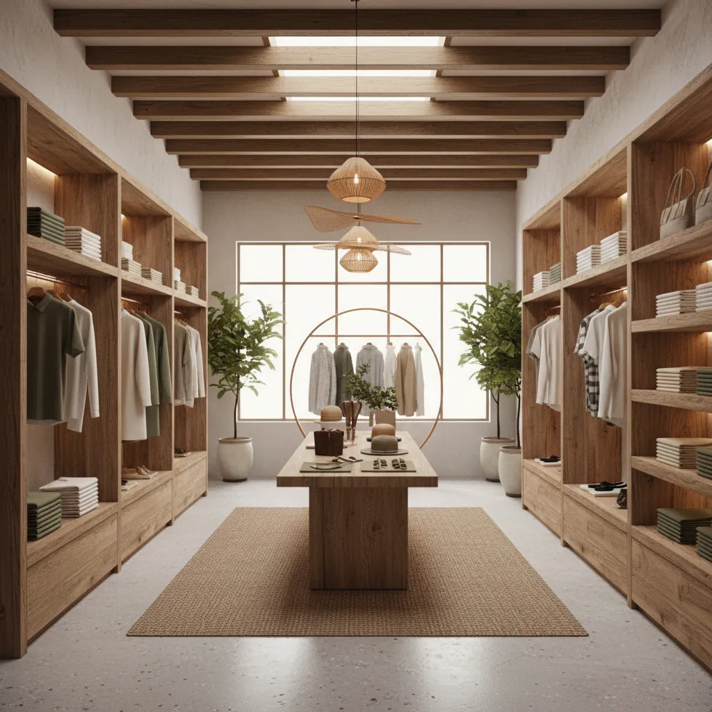 Menswear retail store interior with reclaimed wood shelves and sustainable materials