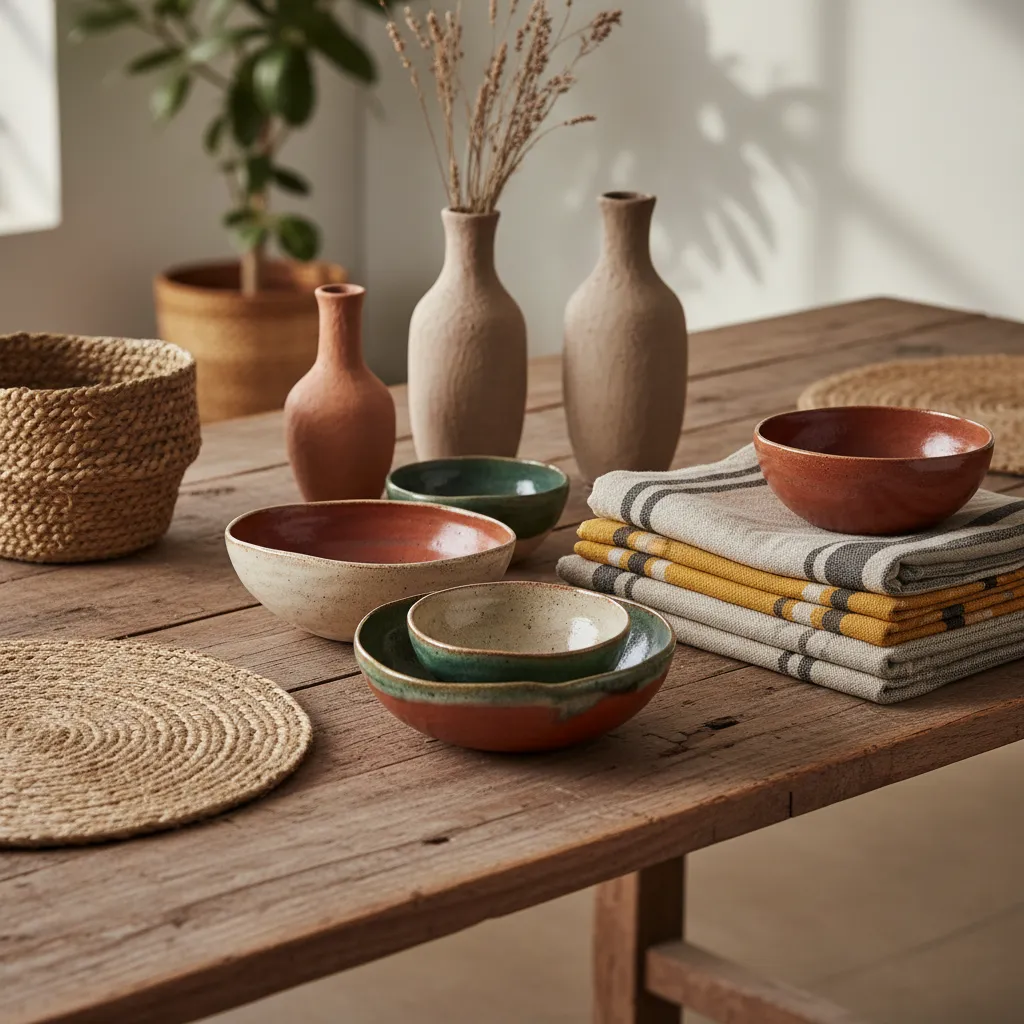 Handmade sustainable home decor items including ceramics, woven textiles and wooden bowls