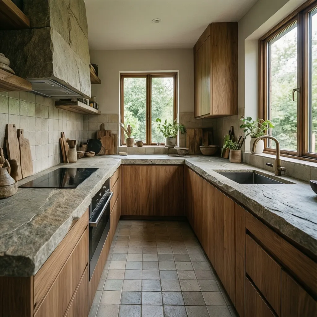 Cocina moderna con encimeras de piedra natural y madera certificada