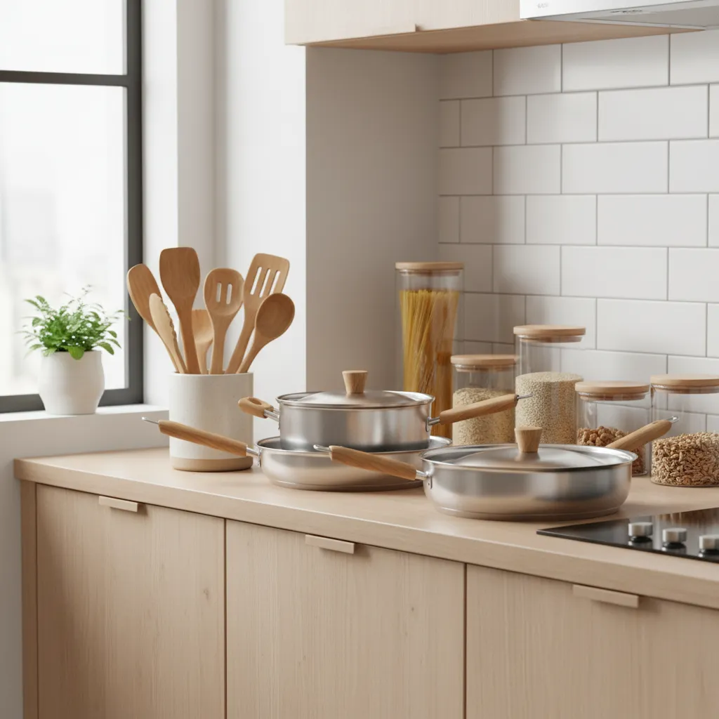 Eco friendly kitchen tools made from bamboo stainless steel and recycled materials