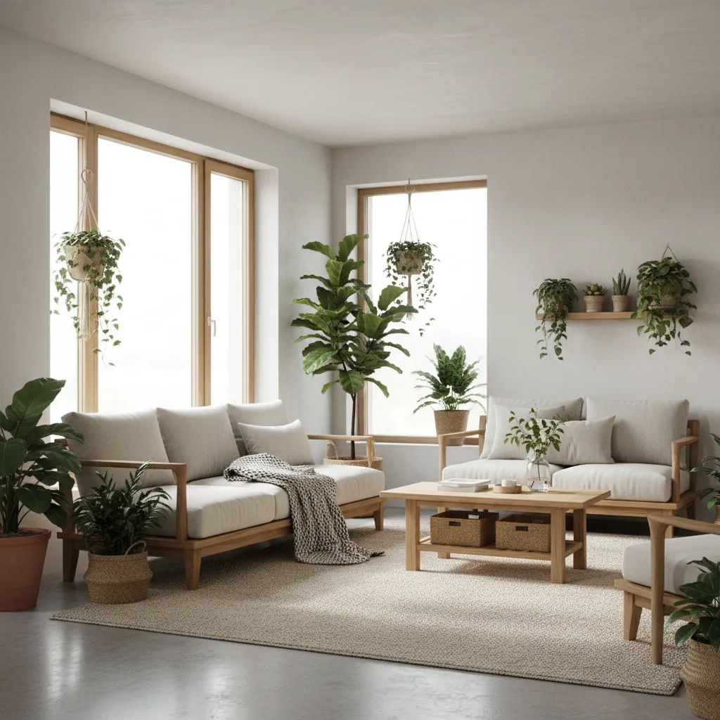 Sala de estar sostenible con muebles de madera natural y luz natural abundante