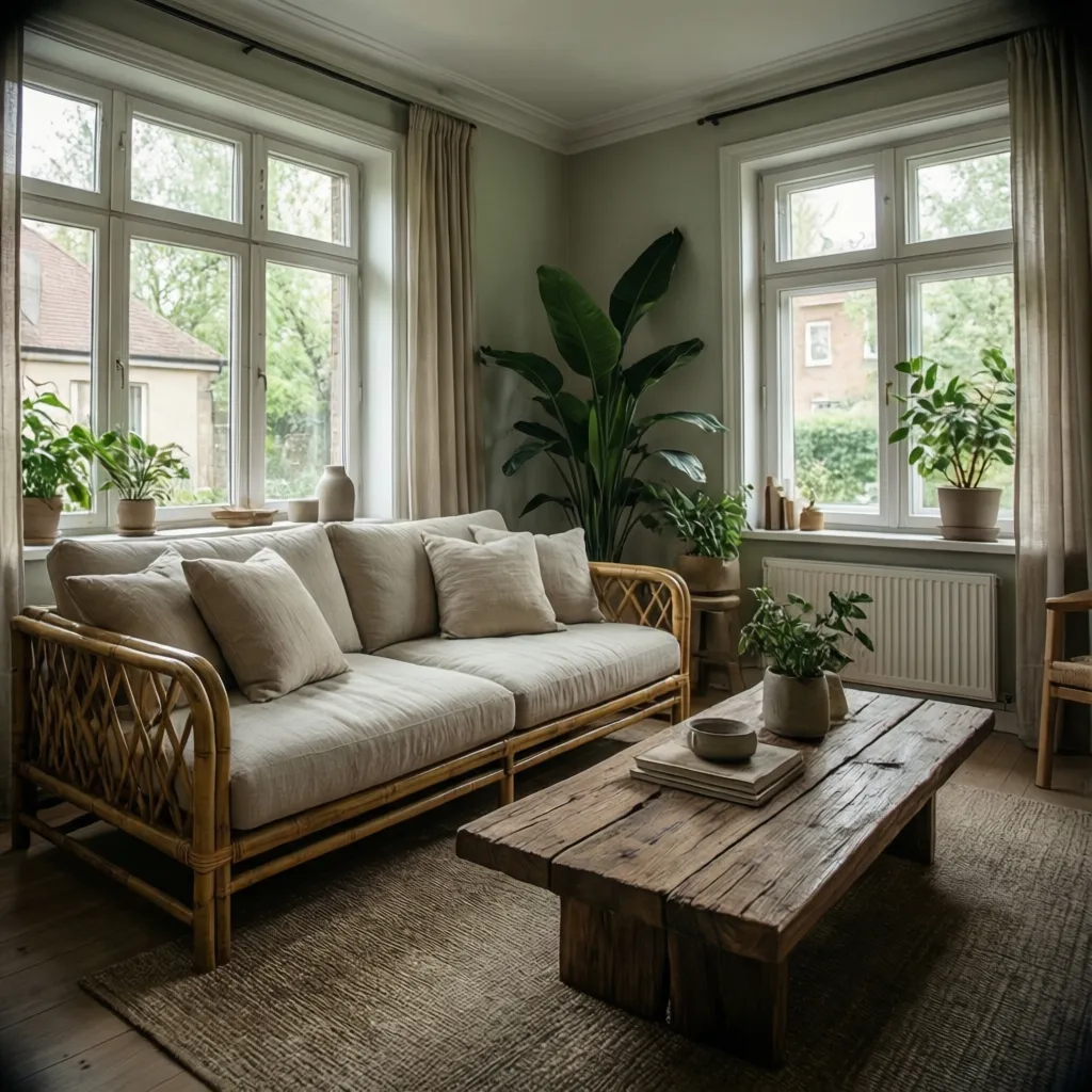 bright sustainable living room with bamboo furniture and indoor plants