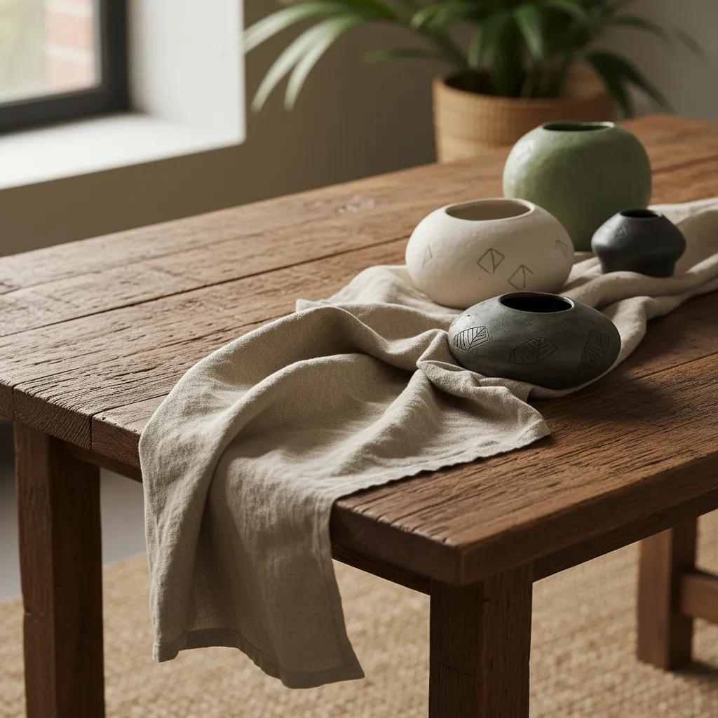 Detalle de materiales sostenibles como madera, lino y cerámica