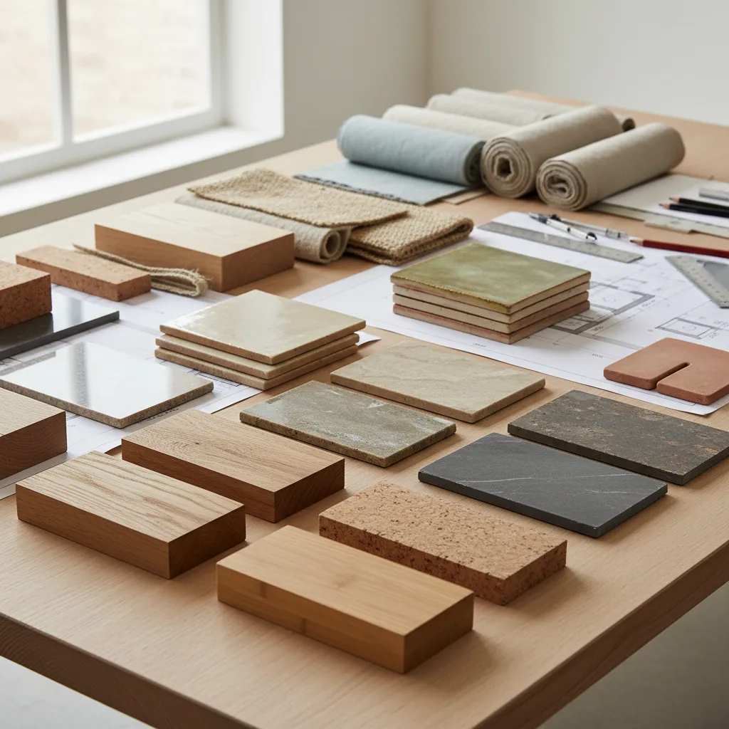 Muestras de materiales sostenibles como madera, piedra y textiles naturales