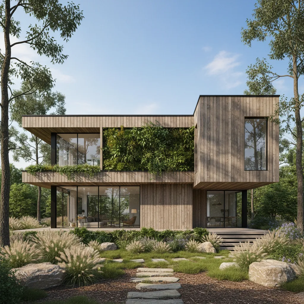 Eco friendly modern house facade with wood cladding greenery and large energy efficient windows