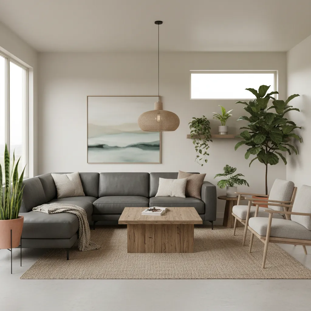 Modern eco friendly living room with grey leather sofa and sustainable materials