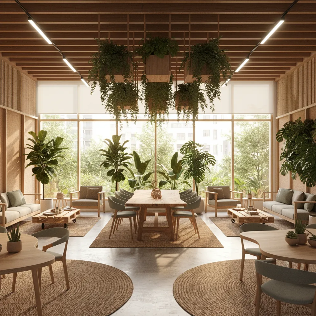 sustainable pharmaceutical office interior with natural light and plants