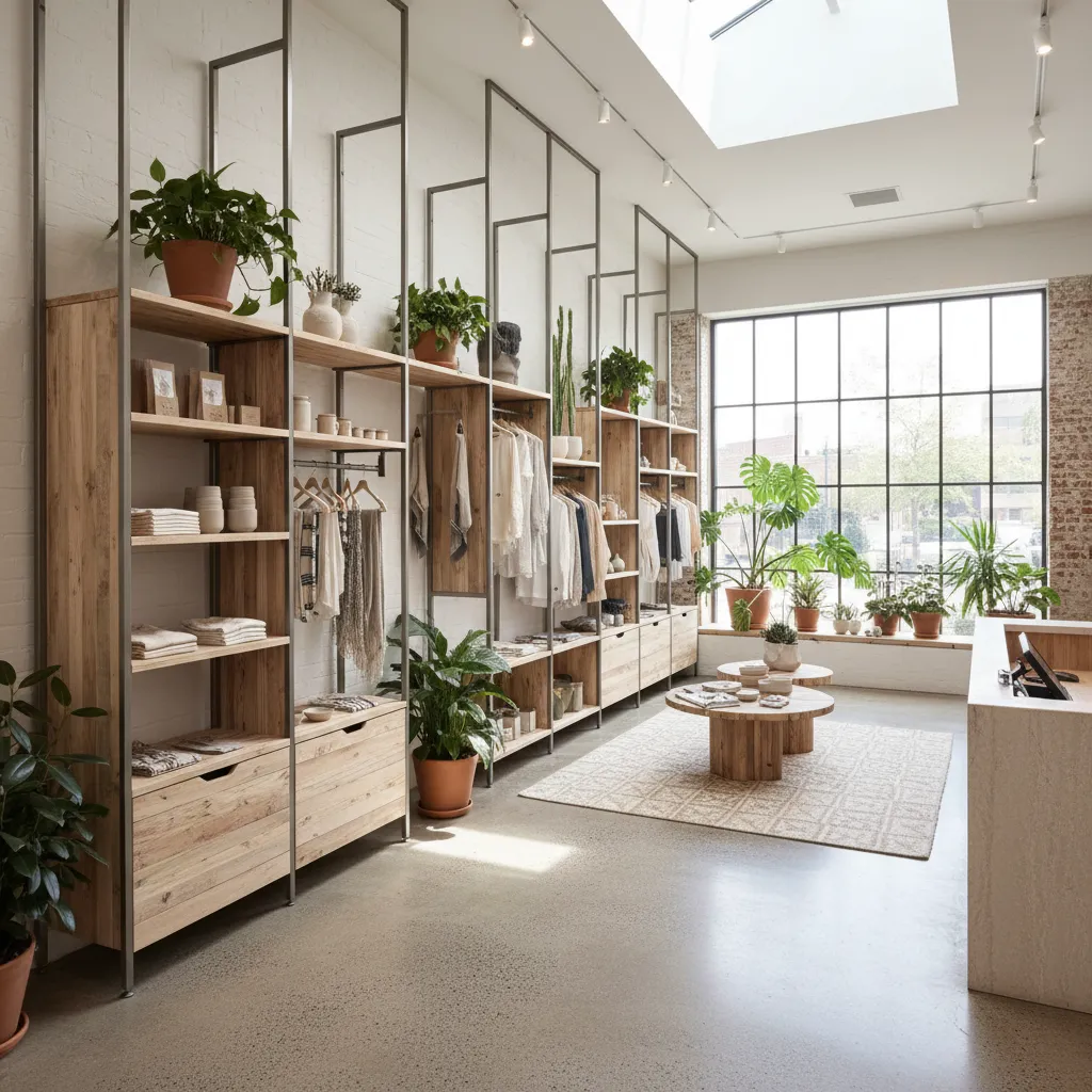 Bright clothing shop interior with tall wooden shelves, hanging clothes, green plants, and natural light