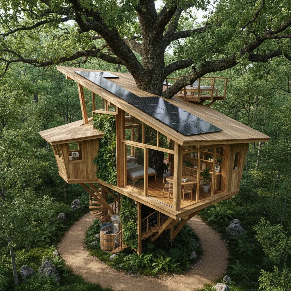 Casa de árbol sostenible con paneles solares en bosque