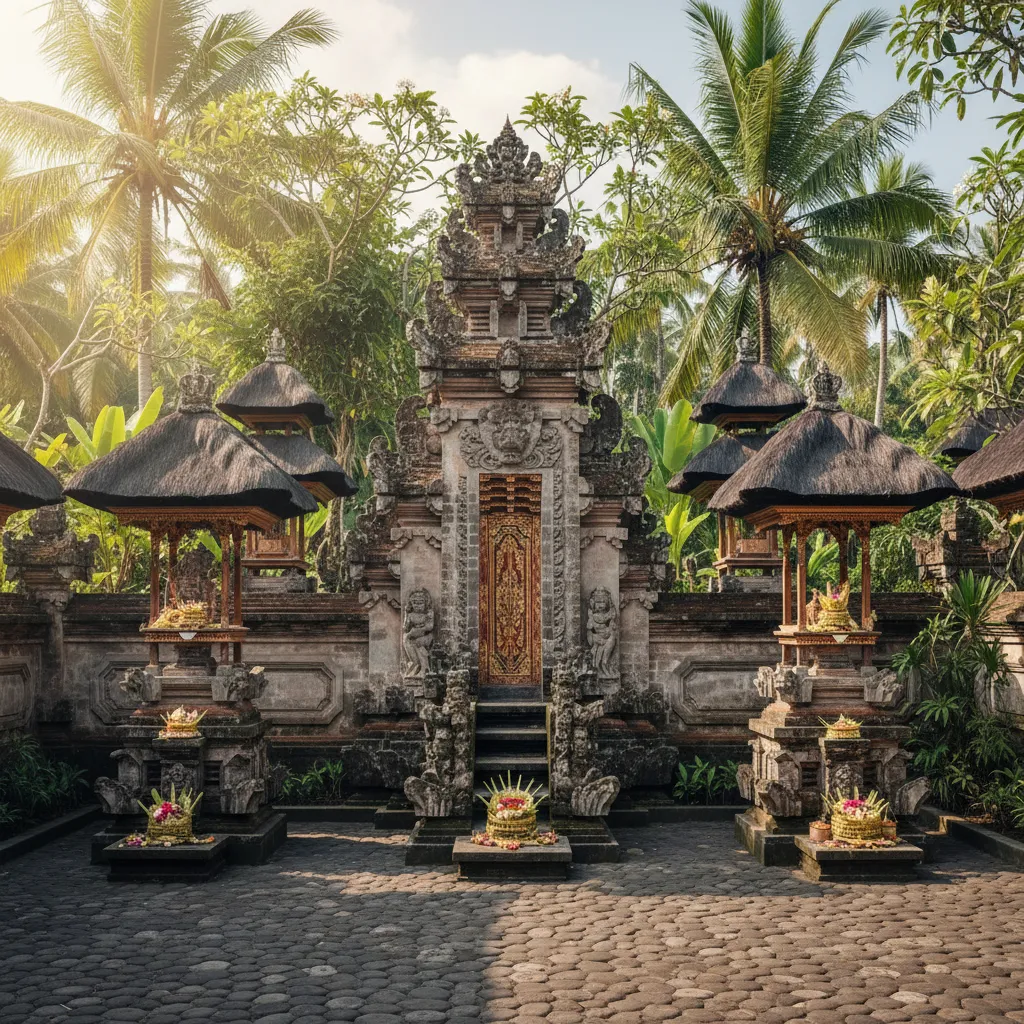 Traditional stone entrance with small roofed shrines, stone floor, palm trees, and bright natural light