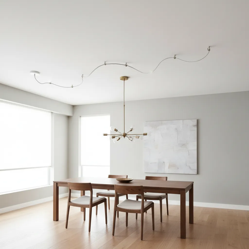 Ceiling cord routing with guide hooks for swag chandelier installation