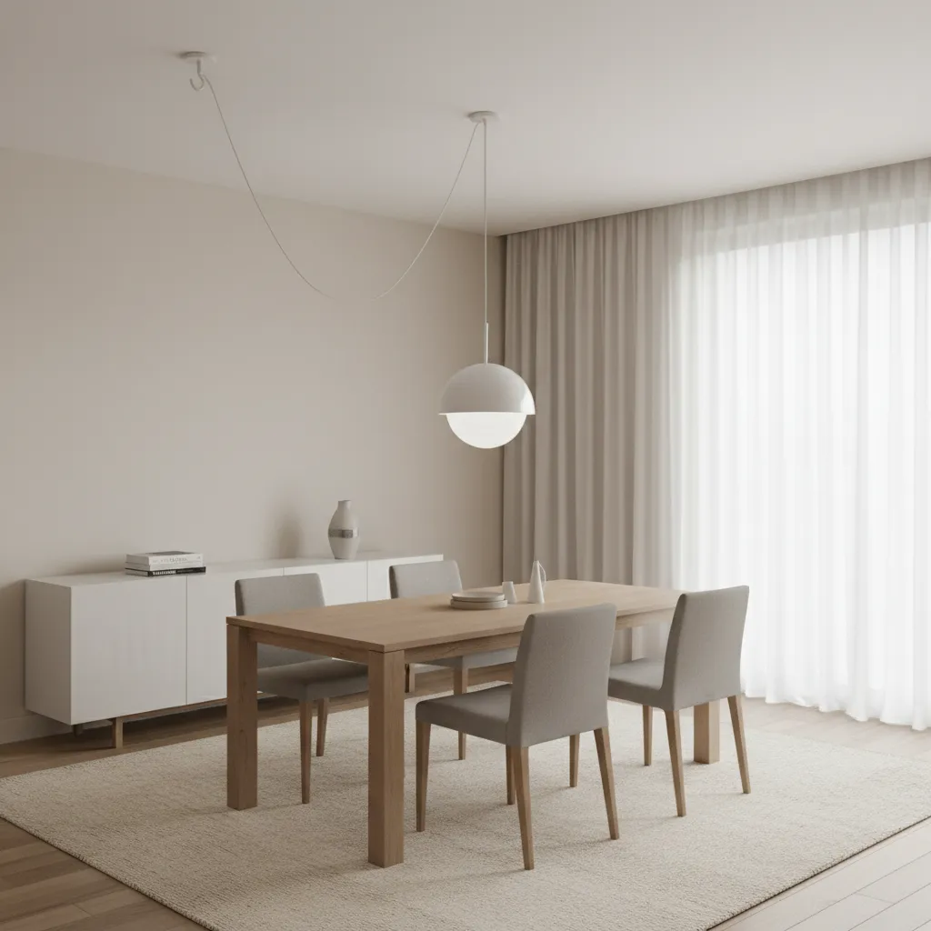 Ceiling hook guiding a swag cord toward the center of a dining table
