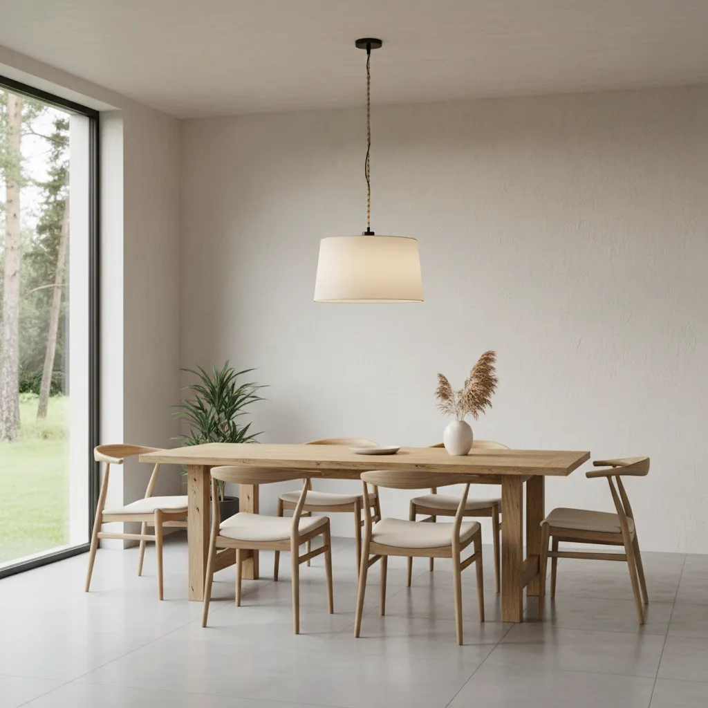 Dining room with swag lamp centered above rectangular dining table