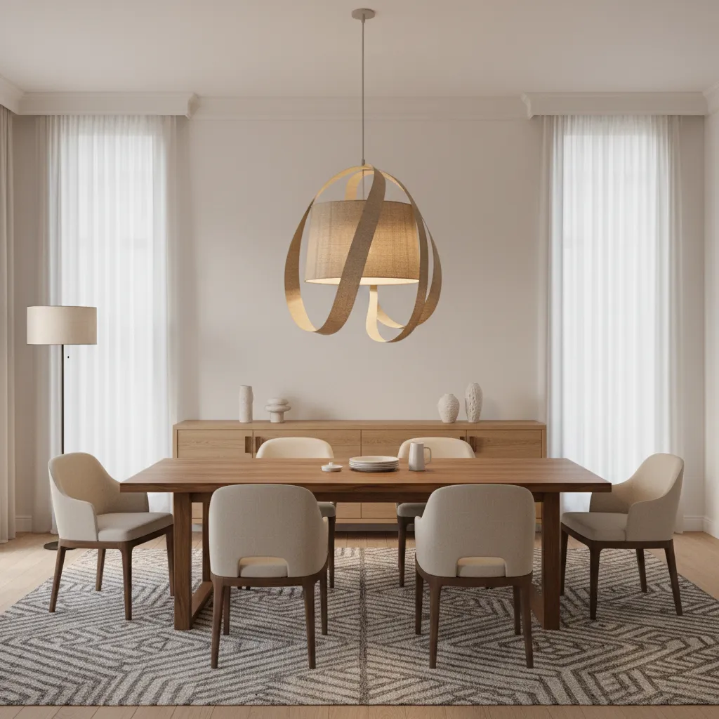 swag lamp hanging centered above a dining table showing ideal lighting coverage