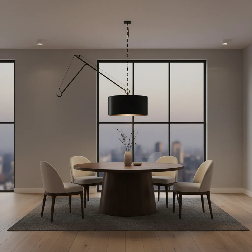 Dining table illuminated by a swag lamp hanging from chain and ceiling hook