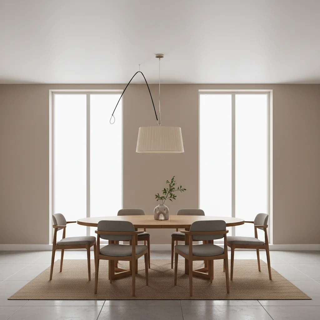 Dining table with centered swag lamp suspended from an off‑center ceiling outlet