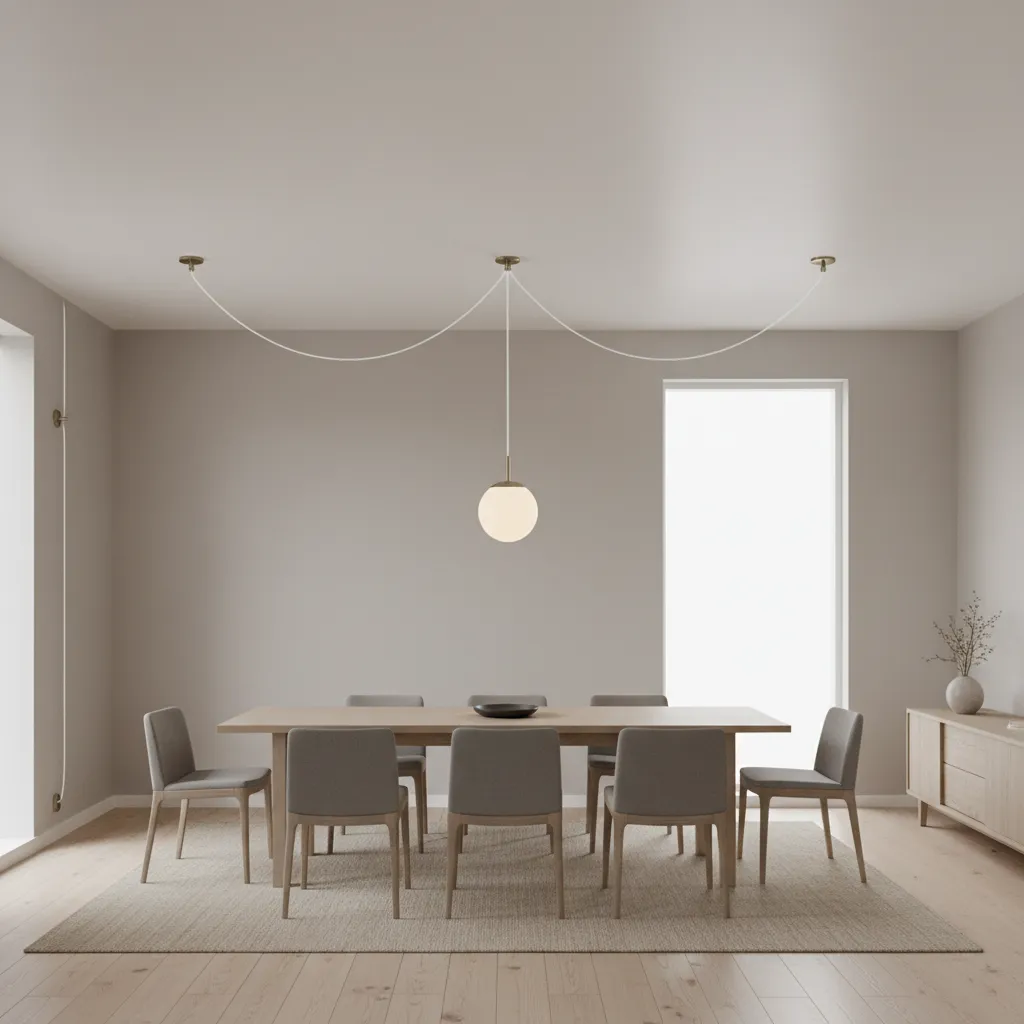 Ceiling hook layout for balancing a swag lamp above a dining table