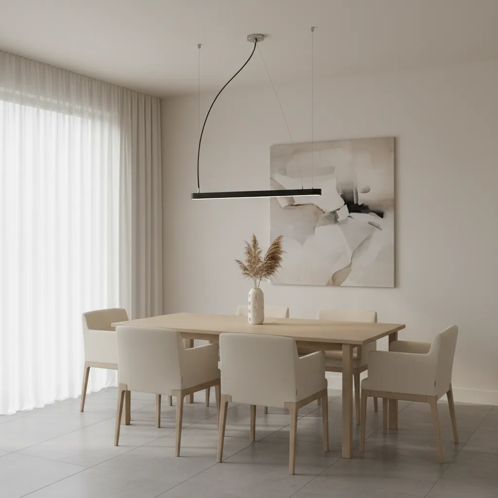 Pendant light swagged using ceiling hook to center over dining table