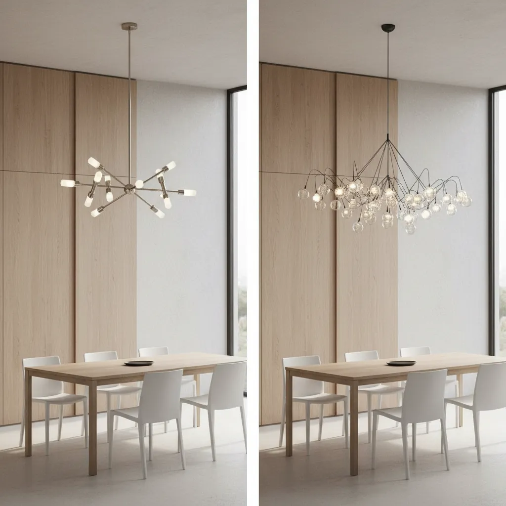 Comparison between centered chandelier and swagged chandelier over dining table