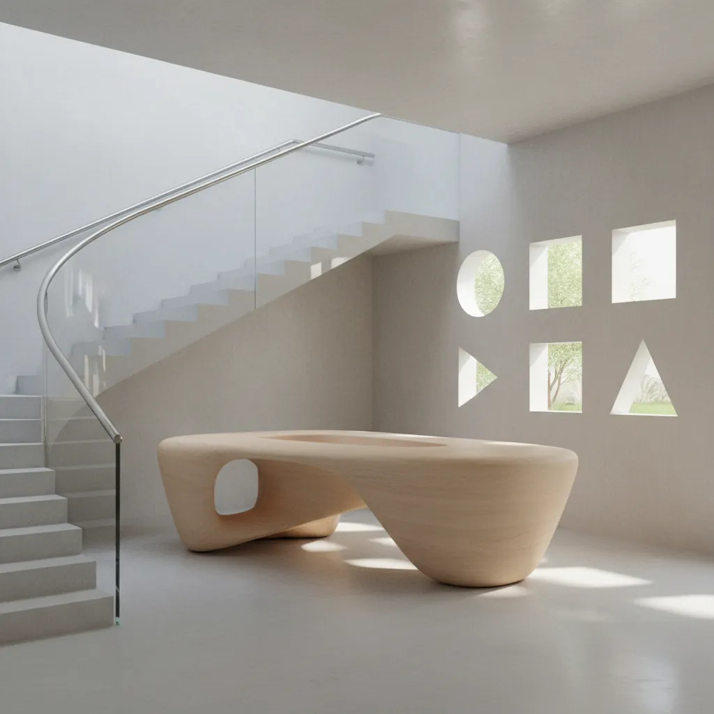 Modern interior design drawing with white stairs glass railing wooden table and geometric wall windows