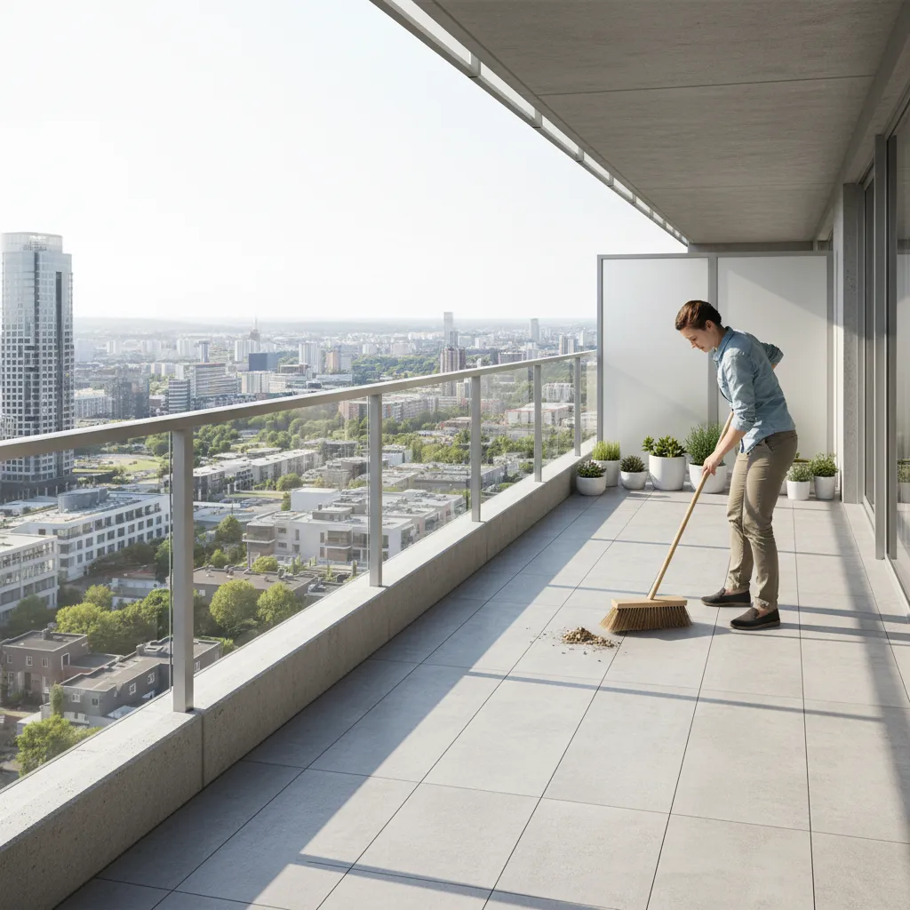 Person sweeping debris from a tiled apartment balcony using a stiff outdoor broom