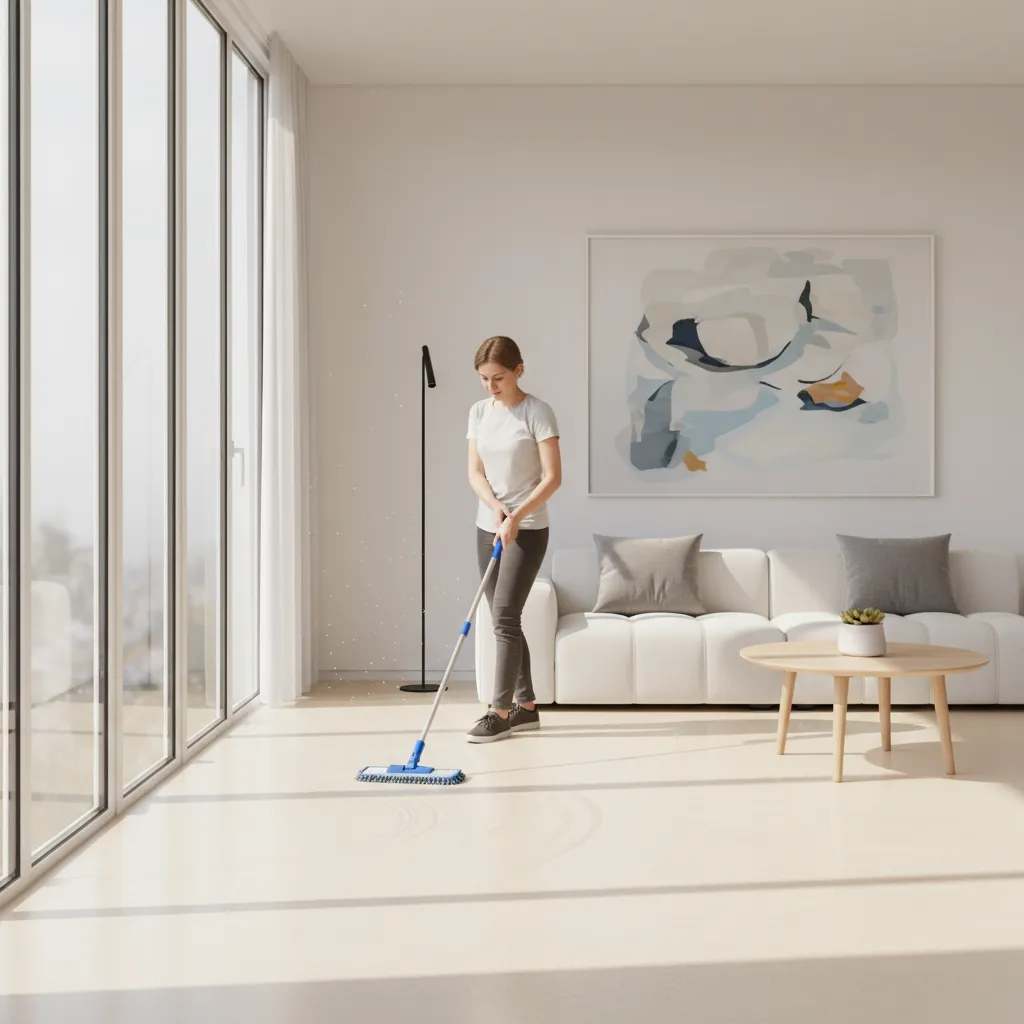 person sweeping linoleum floor in bright living room