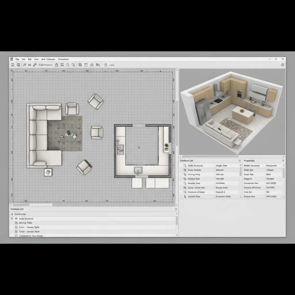 Sweet Home 3D interface with floor plan editor and 3D room preview
