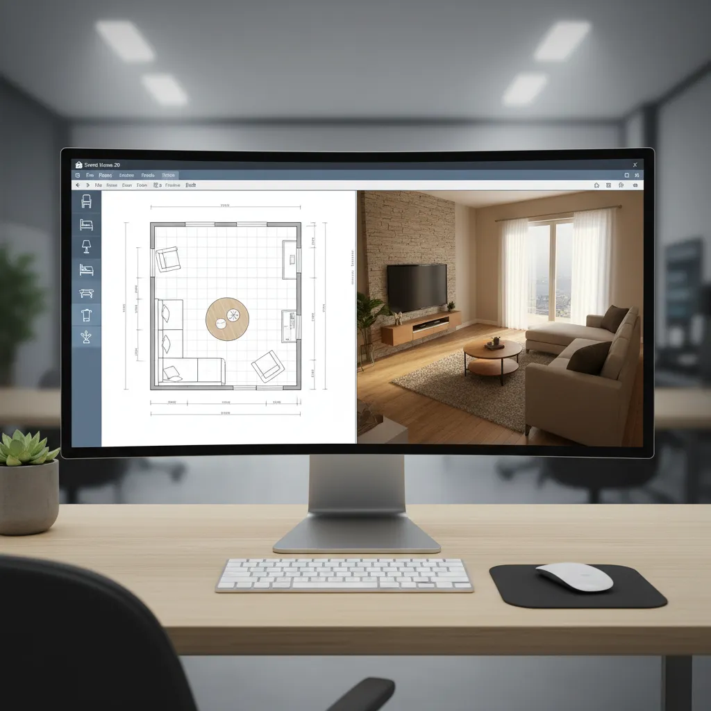 Sweet Home 3D interface showing 2D floor plan and 3D room preview
