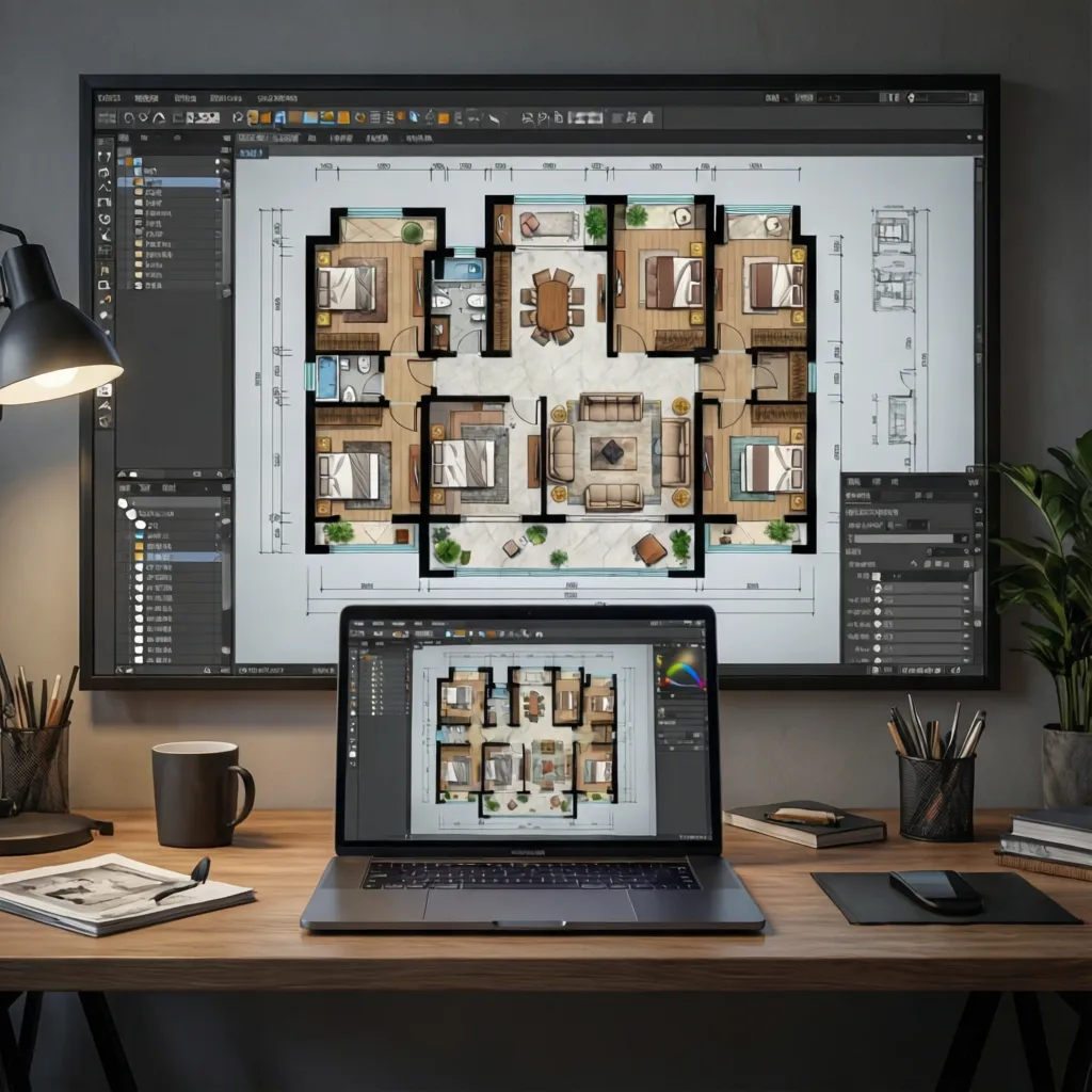 Interfaz de Sweet Home 3D mostrando plano de vivienda con muebles